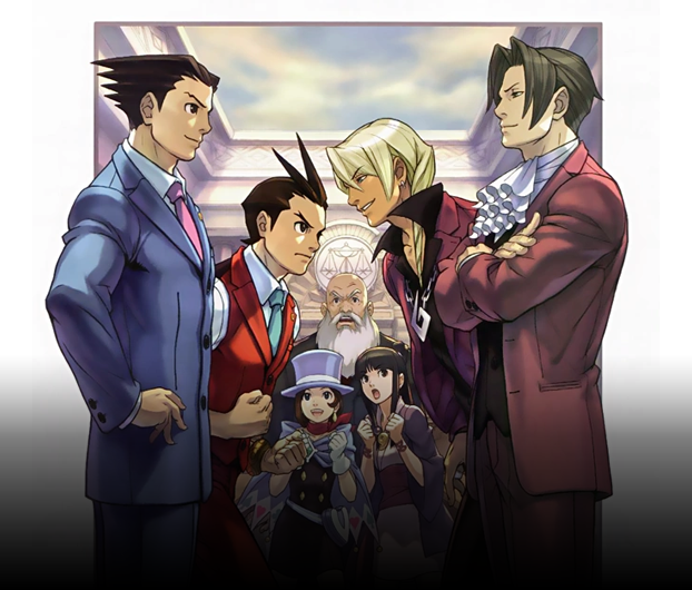 Phoenix Wright, Apollo Justice, Trucy Wright, Maya Fey, Klavier Gavin and Miles Edgeworth looking at each other. Judge in the Background