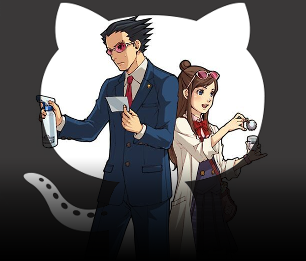 Phoenix Wright and Ema Skye investigating in a Github shape